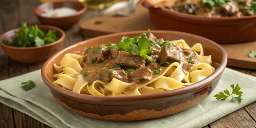 Vegan beef stroganoff with creamy sauce over noodles