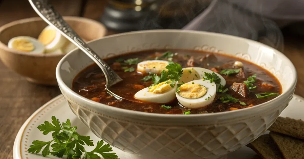 Mock turtle soup in a bowl with garnishes