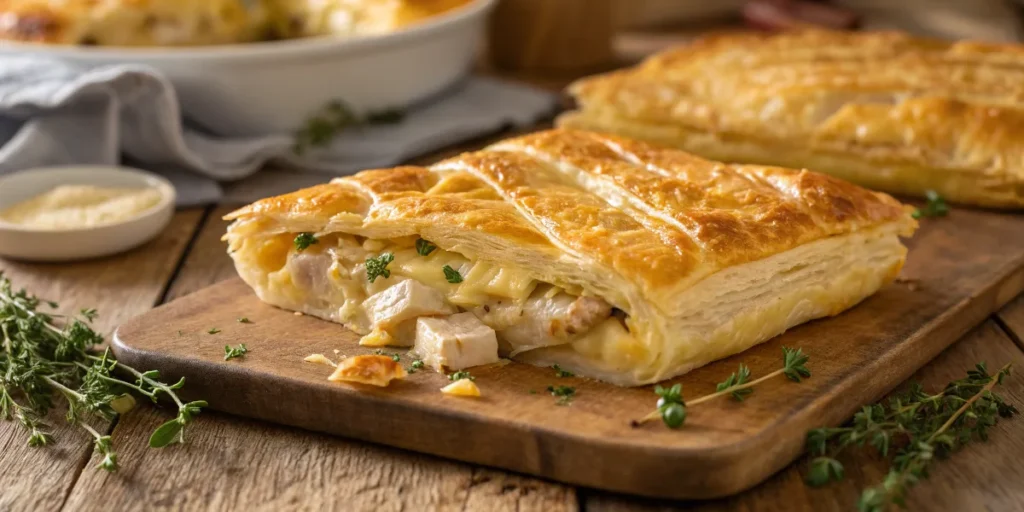 Golden, flaky chicken and cheese jalousie fresh from the oven.