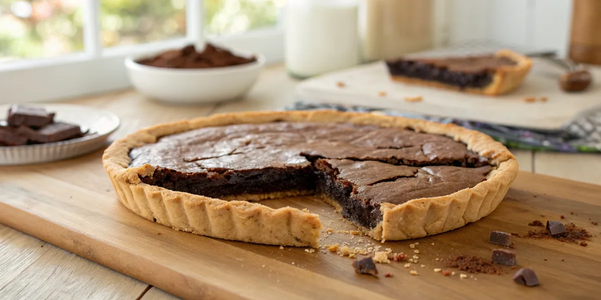 Freshly baked chocolate brownie pie with a fudgy center and a crisp crust.