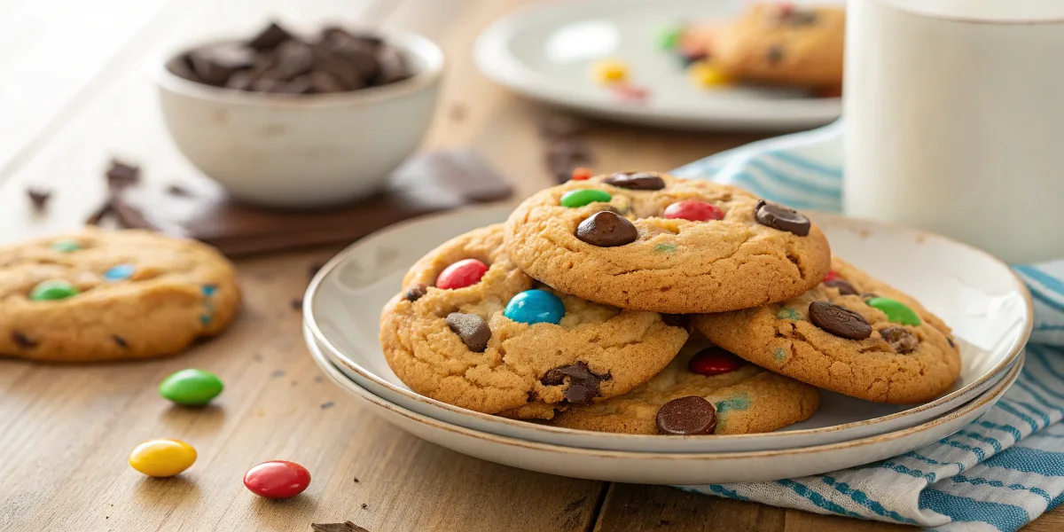 Freshly baked chocolate chip M&M cookies stacked on a plate.