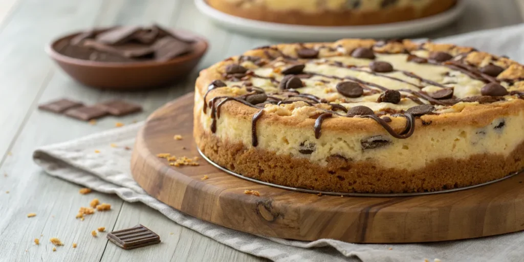 Chocolate chip cookie cheesecake with a golden crust and creamy filling