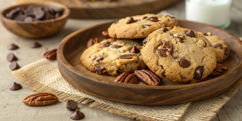 Soft and chewy chocolate chip pecan cookie recipe with melted chocolate