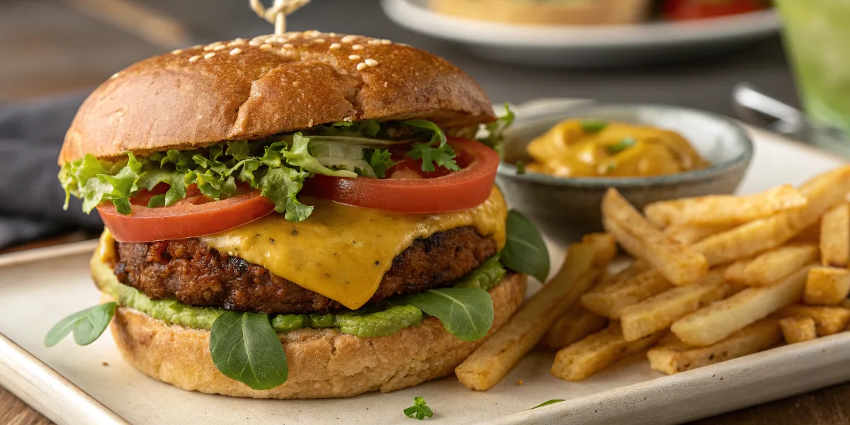 Juicy vegan cheeseburger with melted plant-based cheese, lettuce, tomato, and a side of crispy fries.