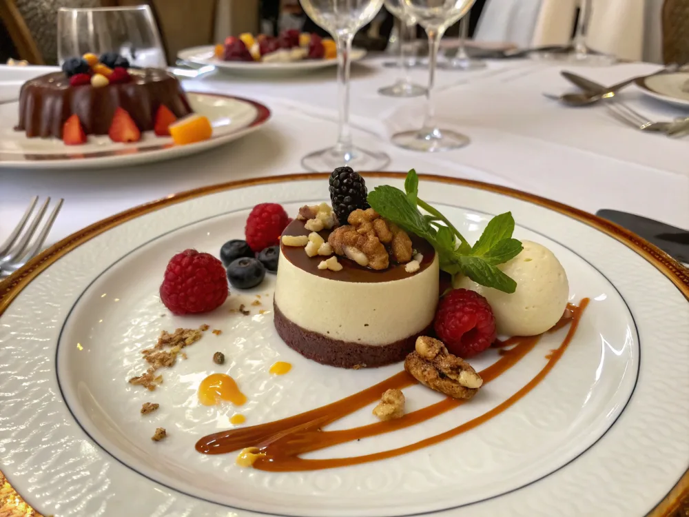 Chocolate and white chocolate mousse with berries and nuts