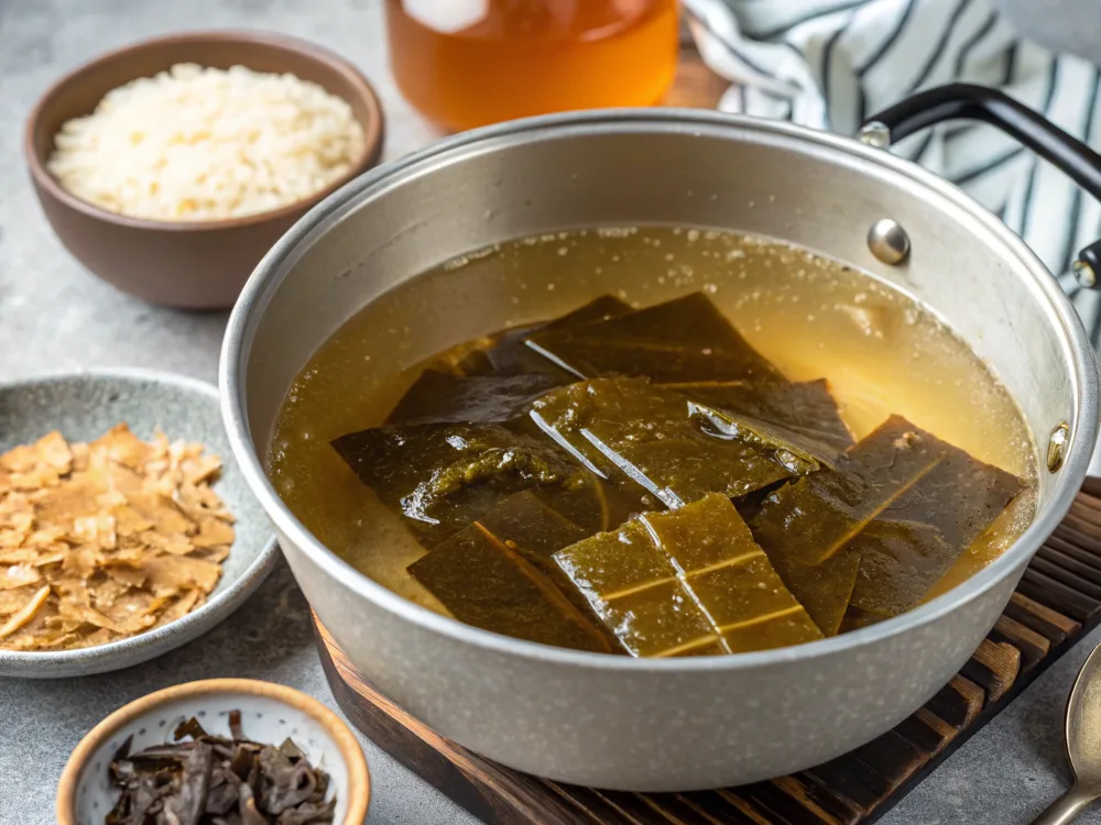 Homemade dashi broth with kombu and bonito flakes