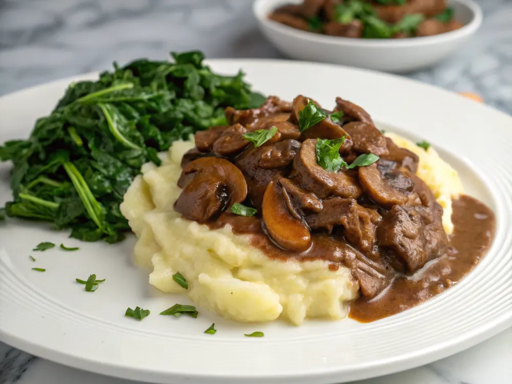 Vegan beef stroganoff with mashed potatoes and greens	