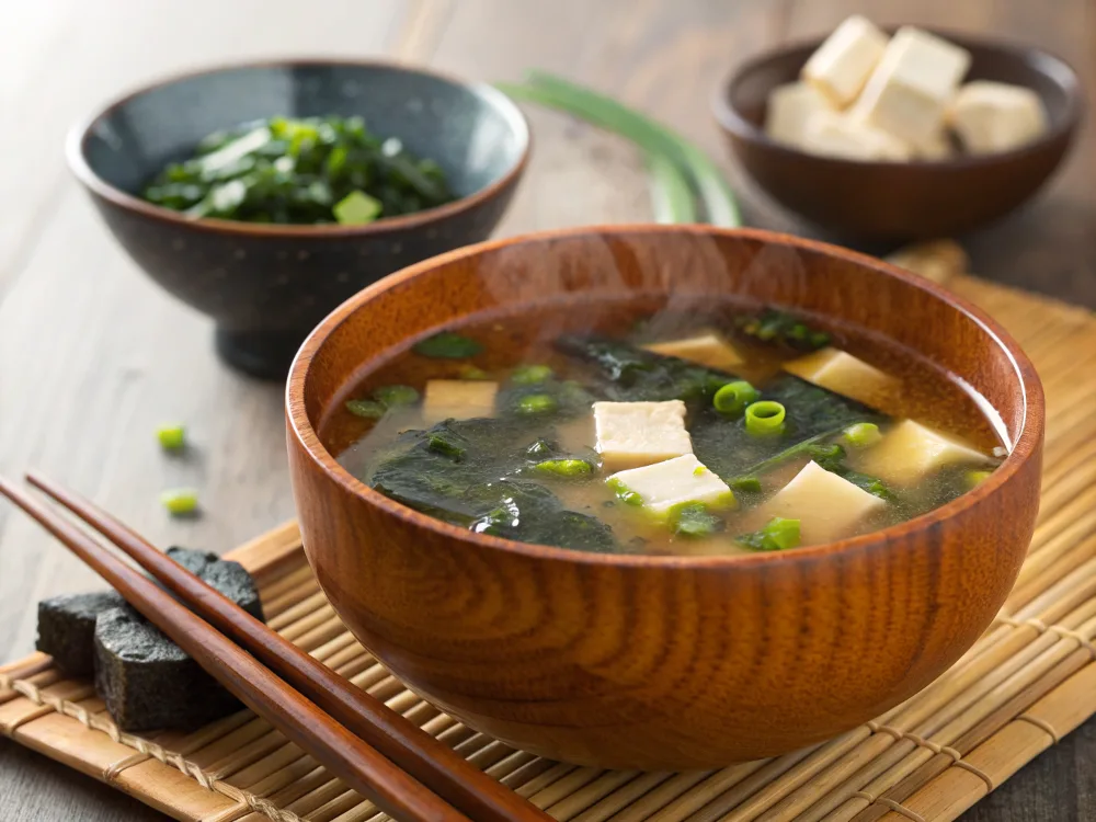 Traditional gluten-free miso soup with tofu, seaweed, and green onions.