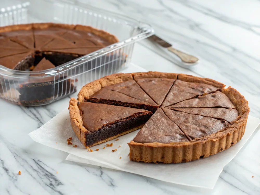 Chocolate brownie pie slices stored in an airtight container to keep them fresh.