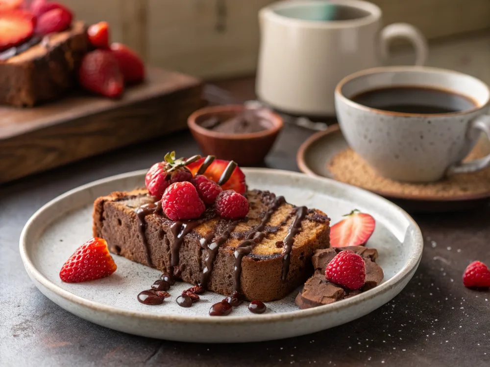 A slice of chocolate bread drizzled with chocolate sauce, served with fresh berries and coffee.