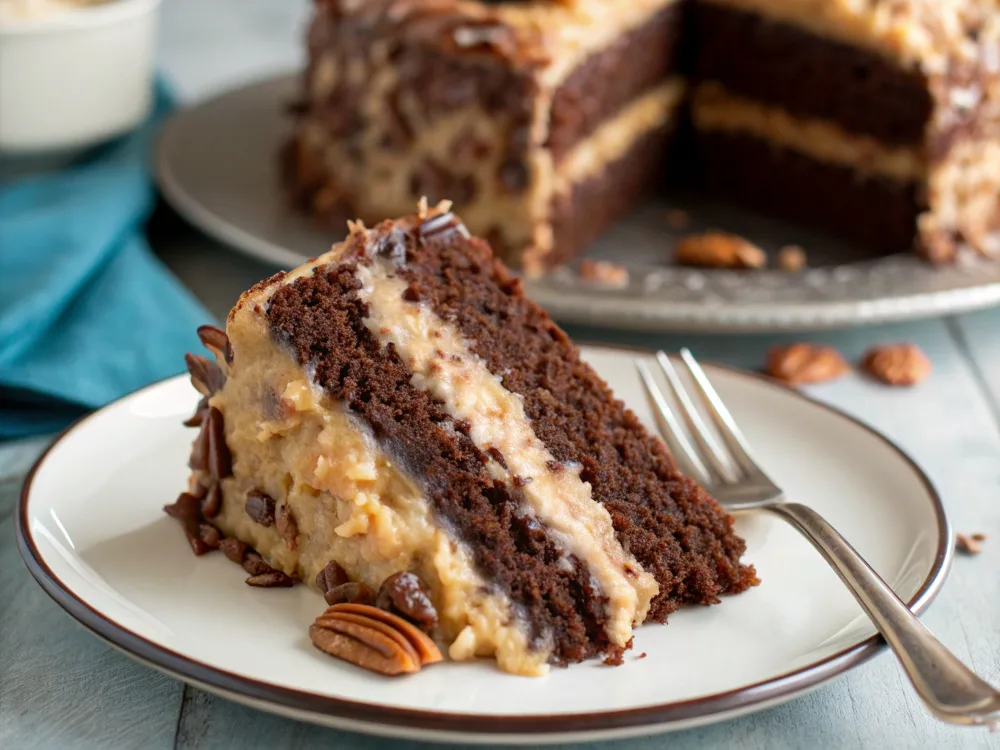 Sliced baker's german chocolate recipe with Coconut-Pecan Frosting