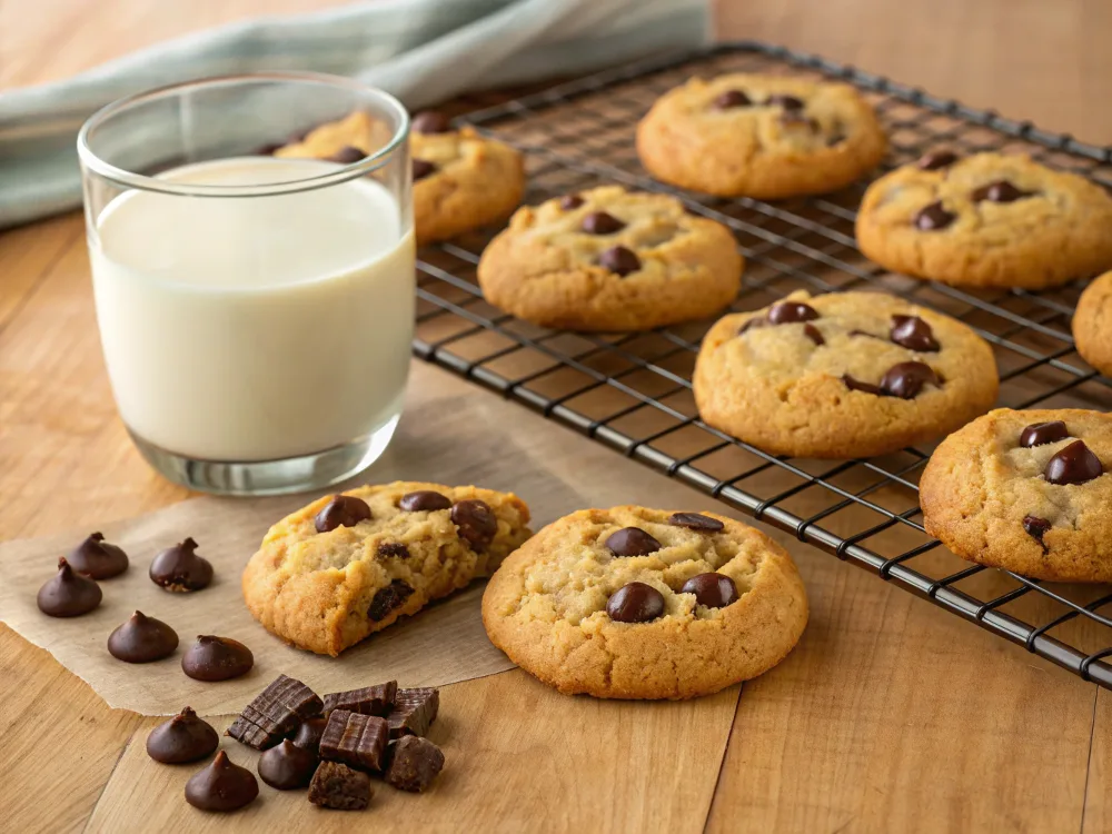 Chocolate Chip Protein Cookies Cooling on a Wire Rack – Freshly Baked & Soft