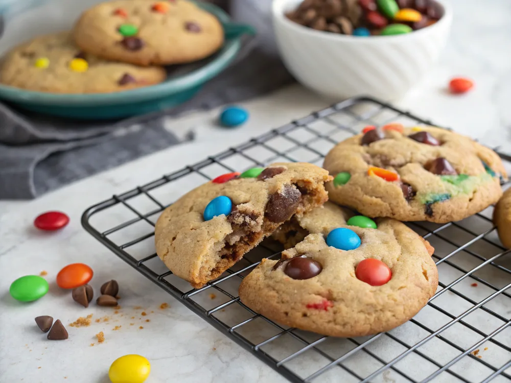 Freshly baked chocolate chip M&M cookies cooling on a wire rack.
