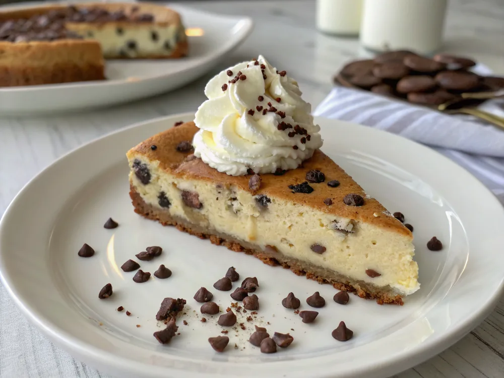 A slice of chocolate chip cookie cheesecake with whipped cream topping