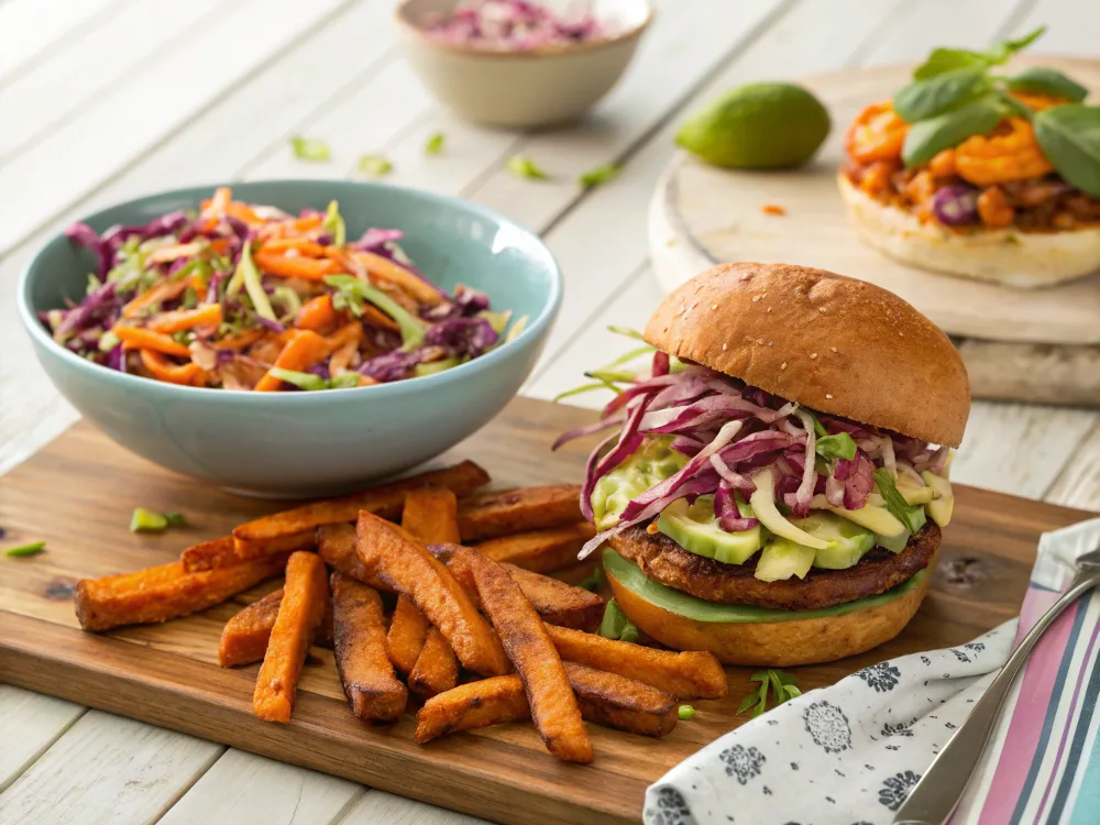 A vibrant shot of sweet potato fries and a colorful vegan slaw served next to a plant-based cheeseburger on a wooden table.