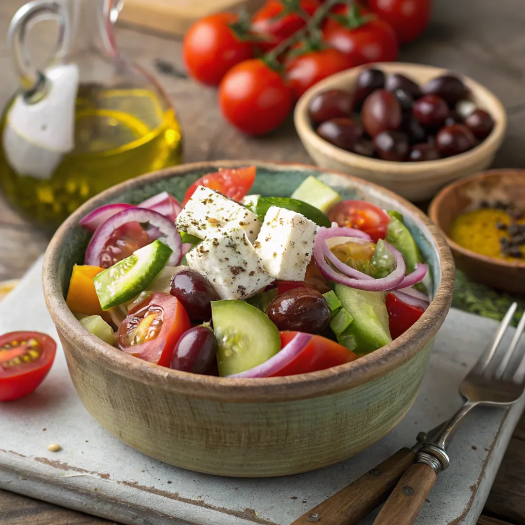 Fresh Greek salad with feta cheese and olives