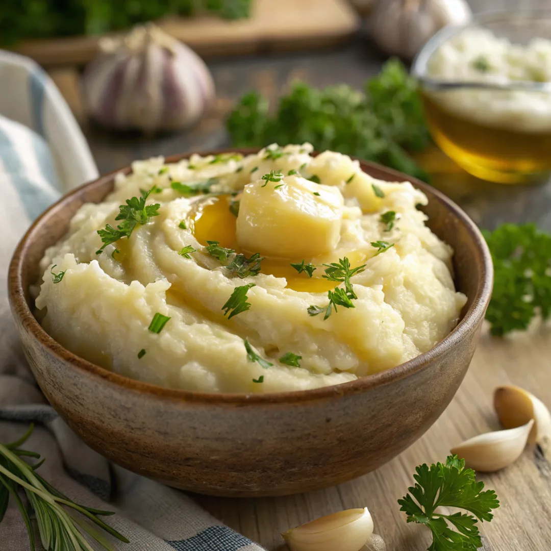 Creamy garlic mashed potatoes with butter and parsley