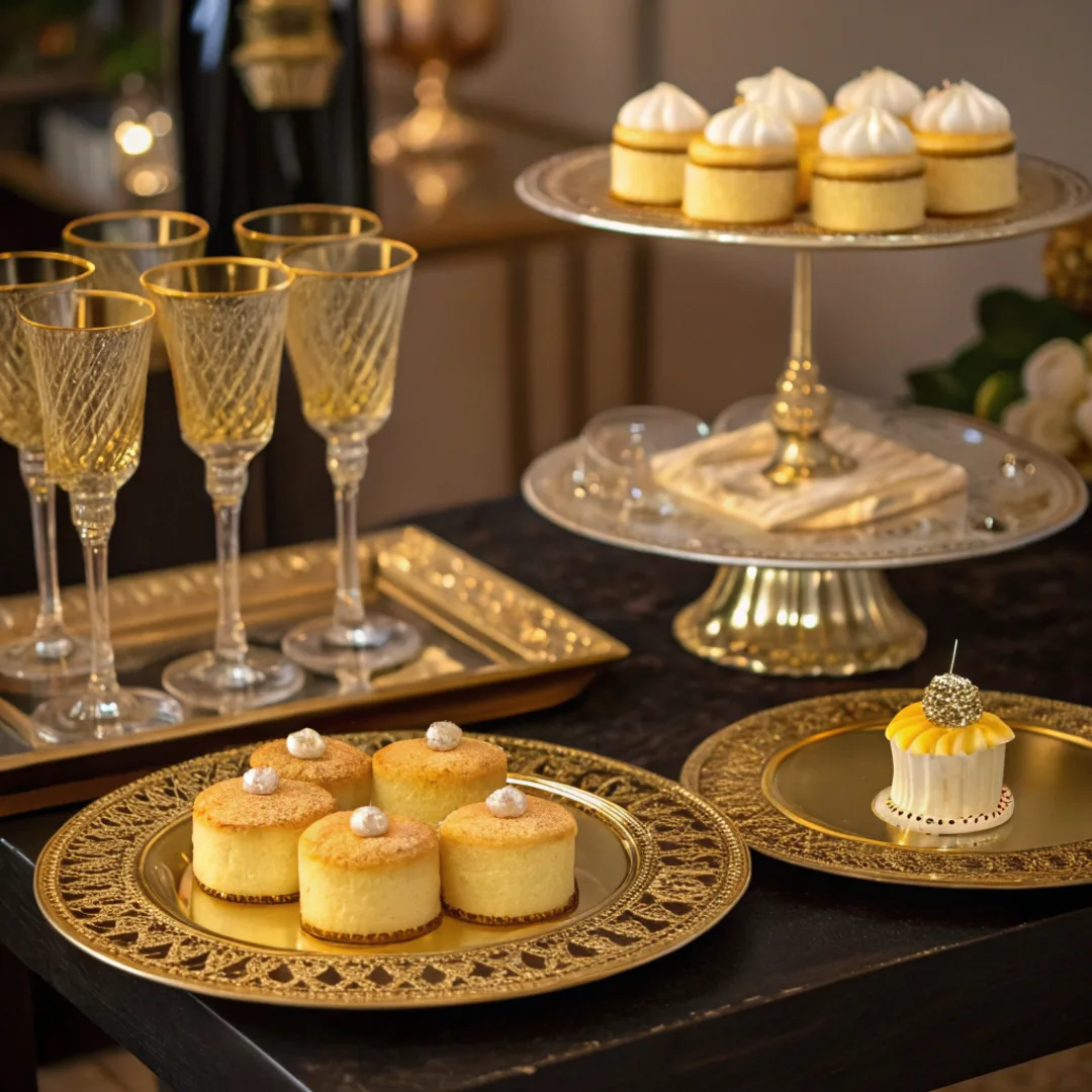 Elegant Gatsby-style dessert table with lemon cakes and champagne.