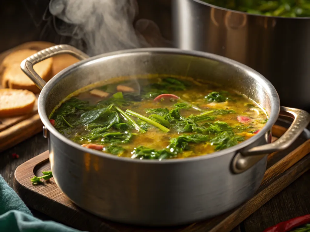 Swamp soup cooking process with fresh greens