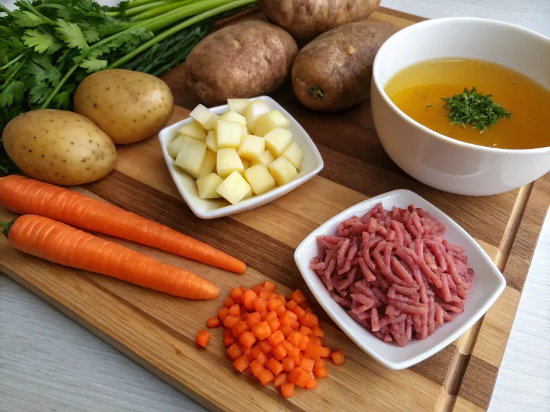 Fresh ingredients for hamburger potato soup on a wooden board.