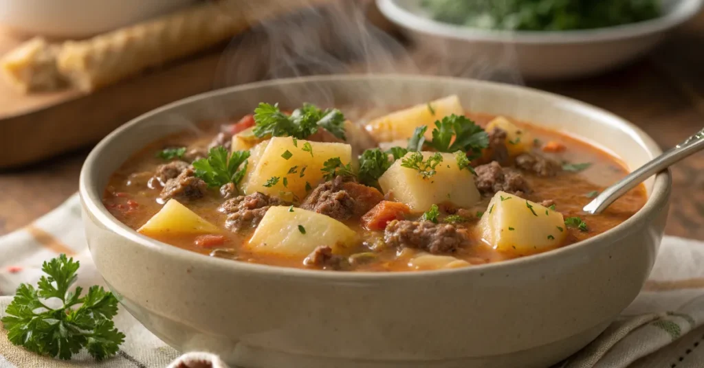 Hamburger potato soup in a bowl with fresh parsley.