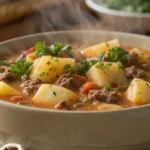 Hamburger potato soup in a bowl with fresh parsley.