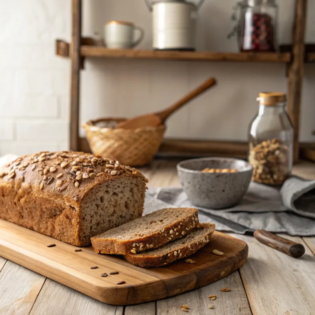 Whole grain high fiber bread sliced on a wooden cutting board.