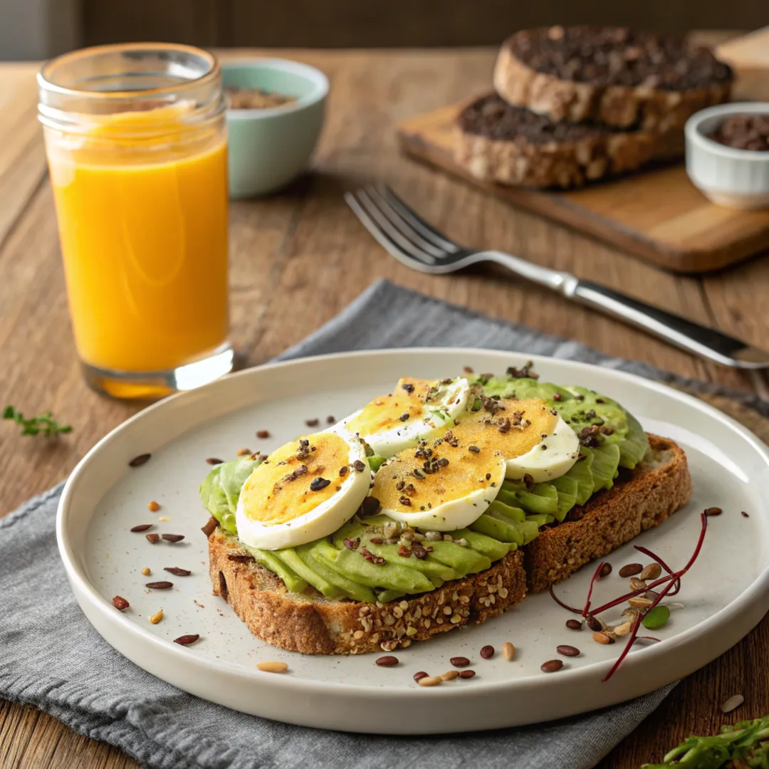 High fiber toast with avocado, eggs, and flaxseeds.