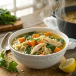 High-protein chicken and quinoa soup in a white ceramic bowl