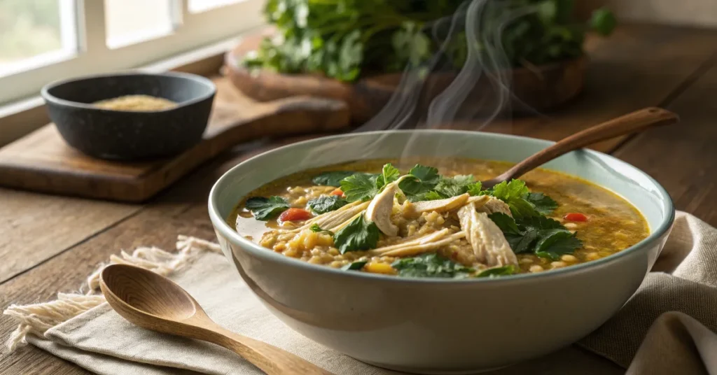 High-protein soup with chicken, quinoa, and spinach in a rustic setting