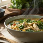 High-protein soup with chicken, quinoa, and spinach in a rustic setting