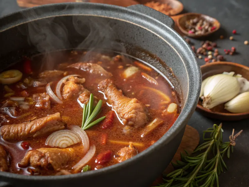 Simmering chicken feet soup with onions and spices