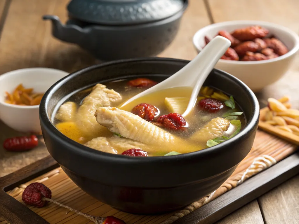 Traditional Chinese herbal chicken feet soup with goji berries and ginger