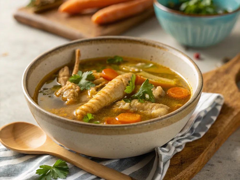 Chicken feet soup served in a deep ceramic bowl