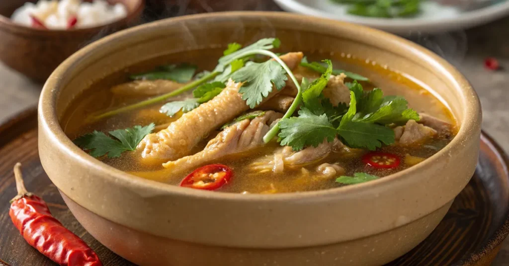 Chicken feet soup in a rich, golden broth with fresh cilantro