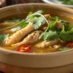 Chicken feet soup in a rich, golden broth with fresh cilantro