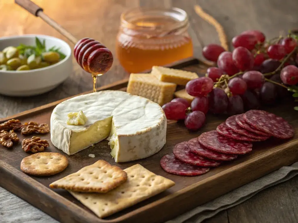 Homemade crackers served with cheese and fruit