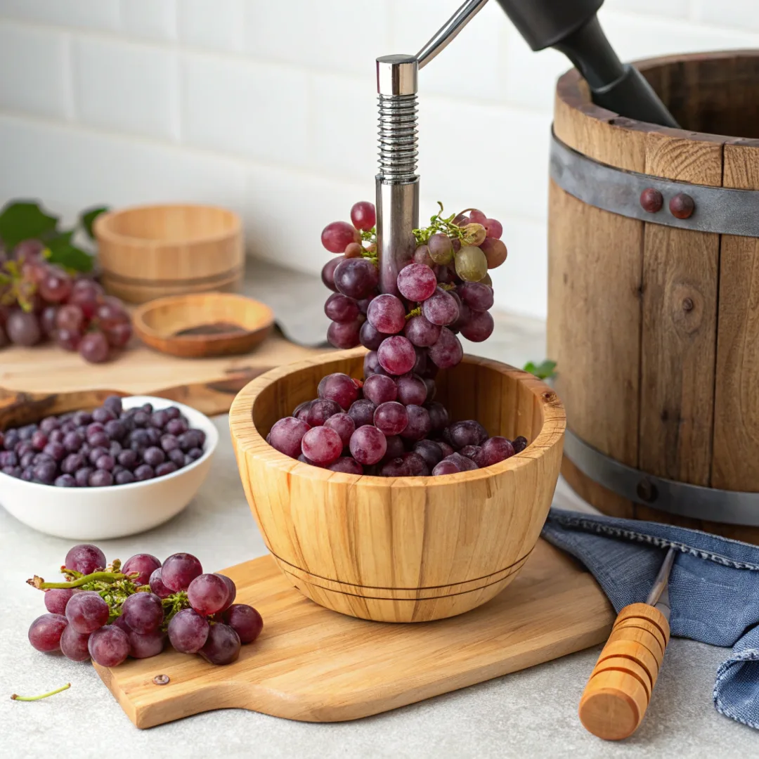 Fresh grapes being mashed for homemade grape juice