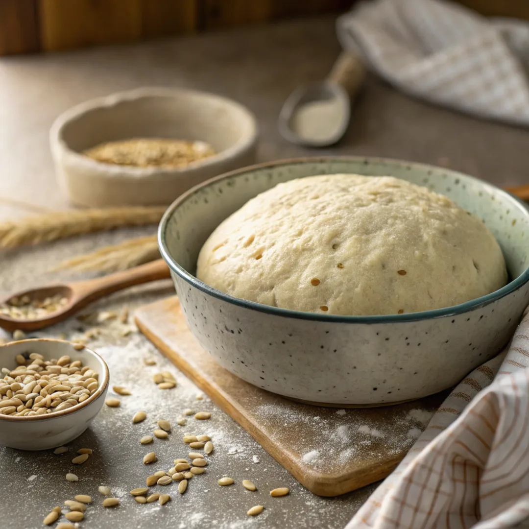 Homemade high fiber bread dough rising in a bowl.