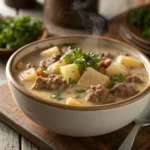 Creamy hamburger potato soup with fresh parsley in a bowl.