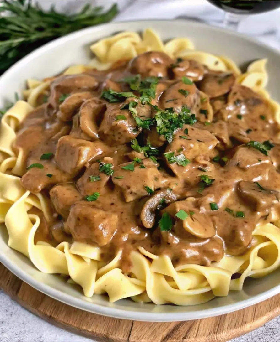 Beginning stages of preparing Vegetarian Beef Stroganoff with a focus on simmering mushrooms and sauce in a skillet