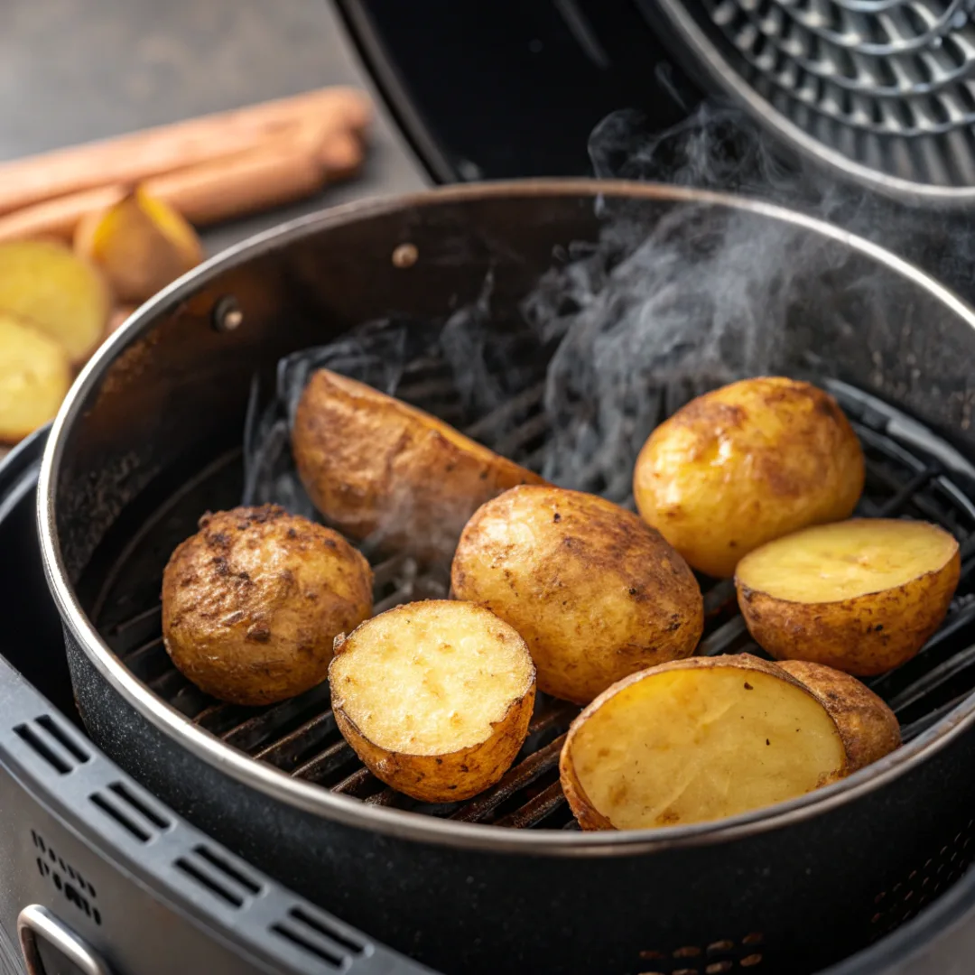 crispy potato skins cooking in an air fryer