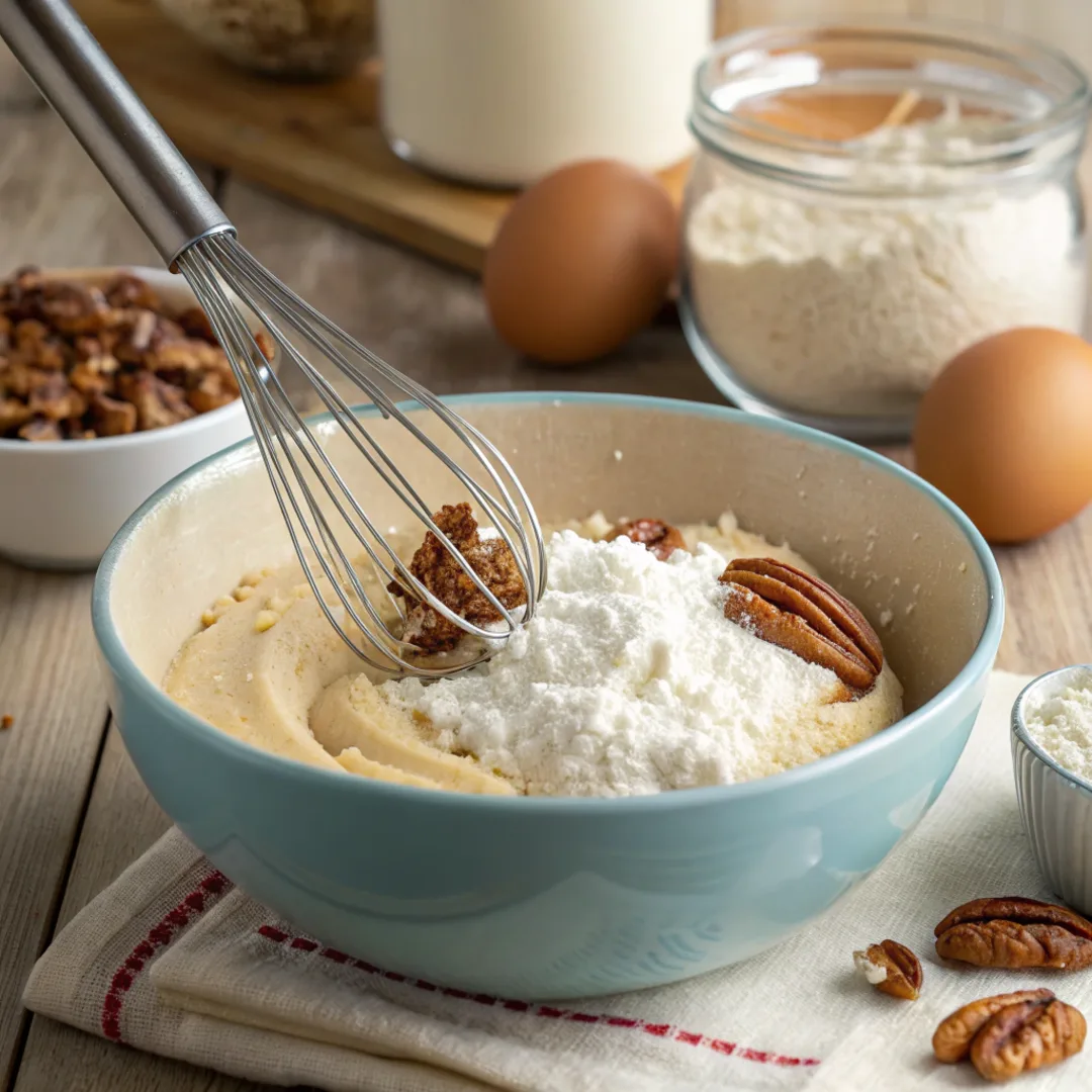 Mixing Italian Cream Cake batter with pecans and coconut