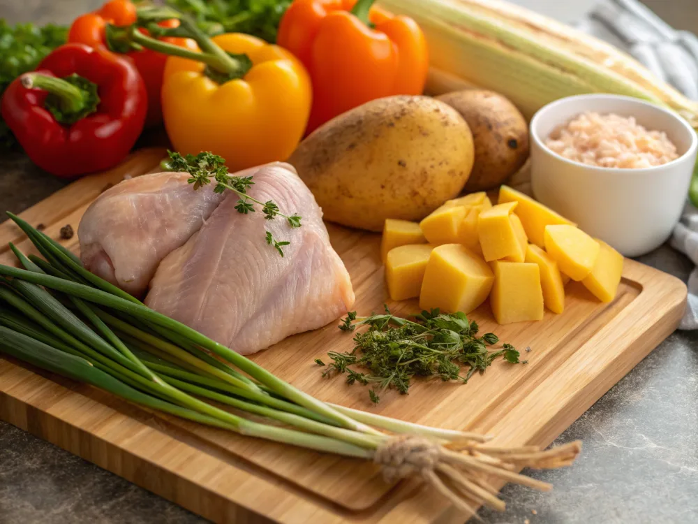 Fresh ingredients for Jamaican chicken soup recipe with yam and thyme