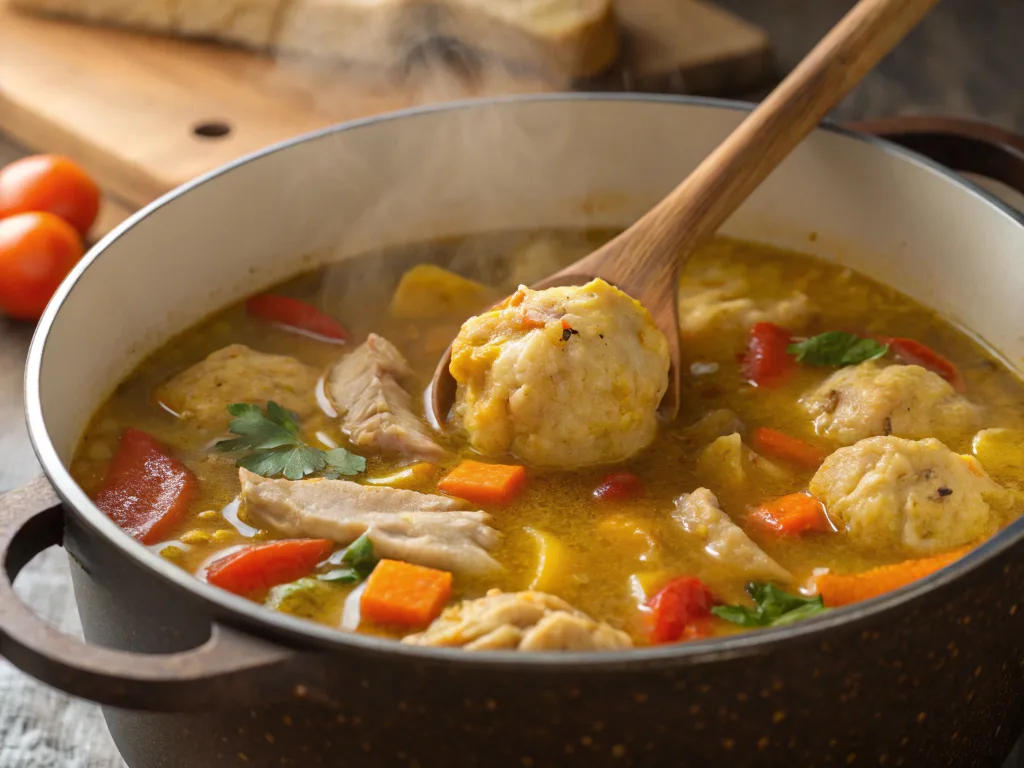 Simmering pot of Jamaican chicken soup recipe with chicken and dumplings