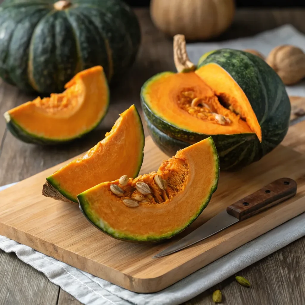 Freshly sliced kabocha squash showing its orange flesh and green skin.