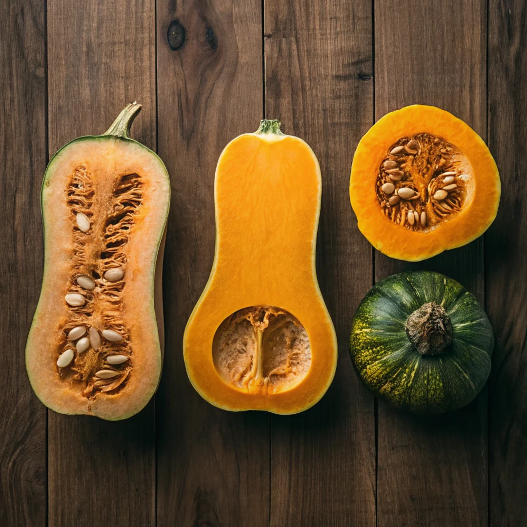 Kabocha, butternut, and acorn squash comparison.