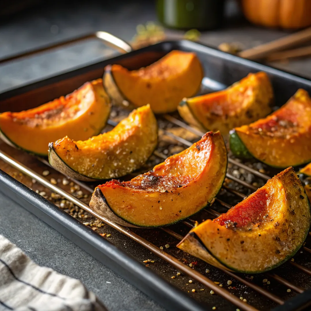 Roasting kabocha squash slices with olive oil and spices.