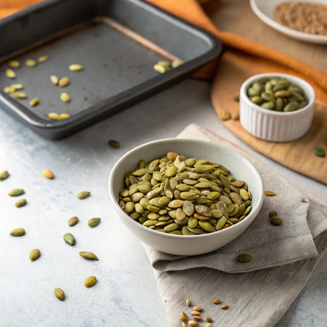 Cleaned kabocha squash seeds in a bowl before roasting