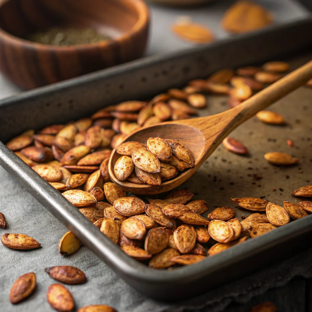  Roasted kabocha squash seeds on a baking tray